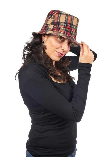 Ευτυχισμένη casual γυναίκα με καπέλο — Φωτογραφία Αρχείου