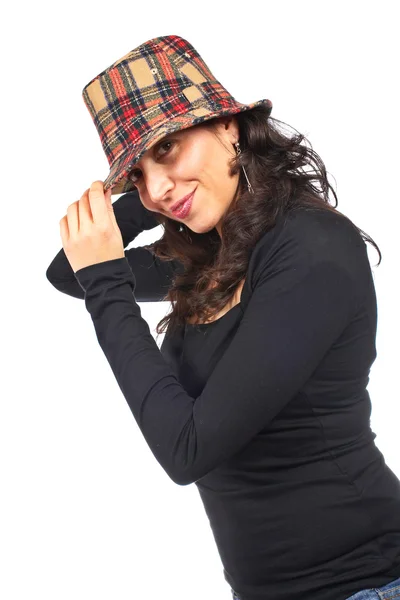 Happy casual woman with hat — Stock Photo, Image