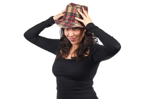 모자와 함께 행복 한 캐주얼 여자 — 스톡 사진