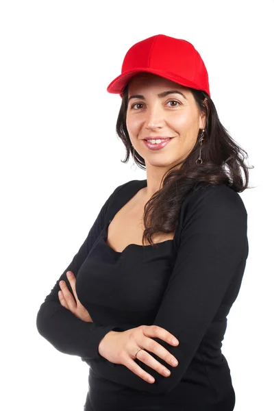 Mulher casual com um boné vermelho — Fotografia de Stock
