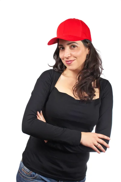 Femme décontractée avec une casquette rouge — Photo