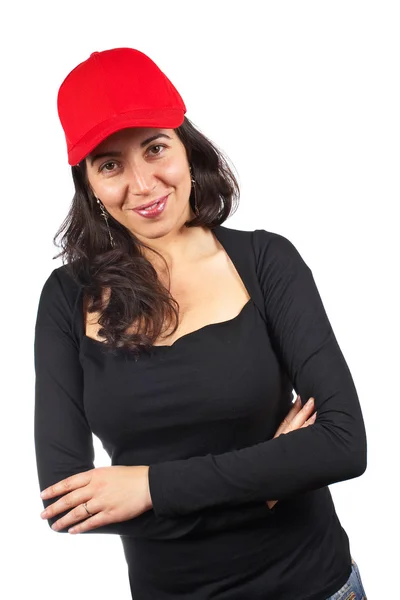 Příležitostné žena s červenou čepici — Stock fotografie