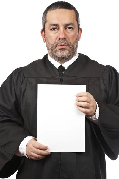 Serious judge holding the blank card — Stock Photo, Image