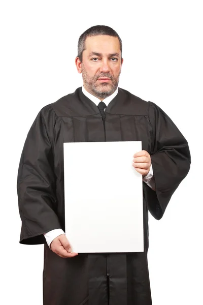 Serious judge holding the blank card — Stock Photo, Image