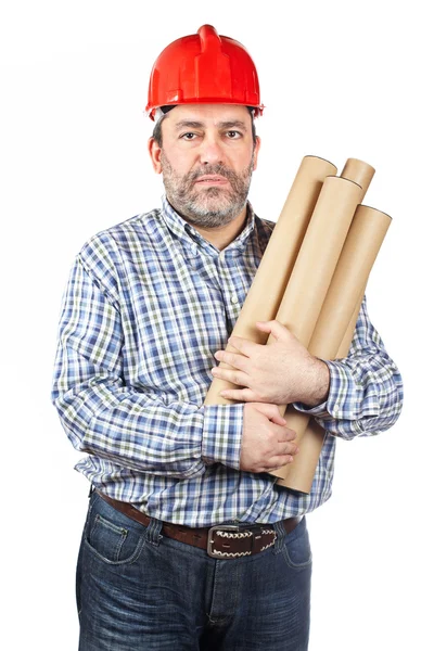 Trabalhador da construção segurando tubos de papelão — Fotografia de Stock