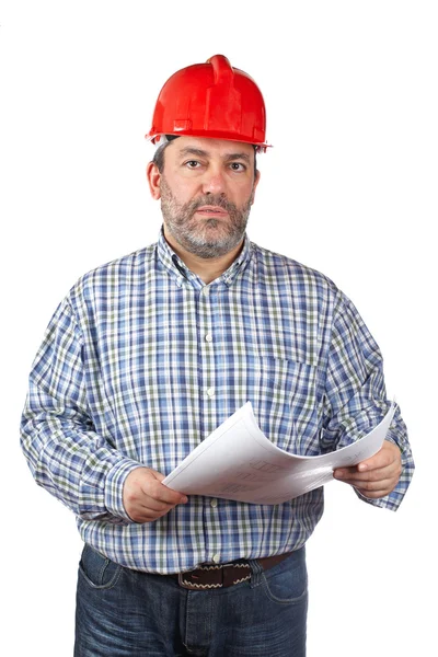 Construction worker holding blueprints — Stock Photo, Image