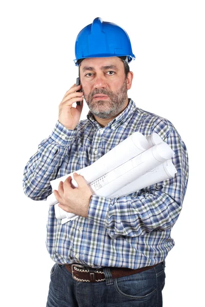 Construction worker talking with phone — Stock Photo, Image
