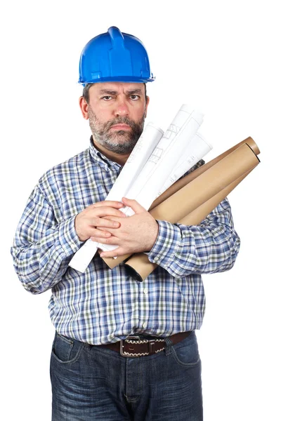 Stavební dělník držící plány — Stock fotografie