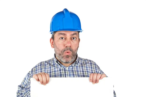 Trabalhador da construção surpreendido e curioso — Fotografia de Stock