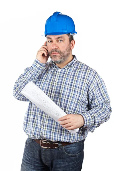 Építőmunkás beszélgetett telefonon — Stock Fotó