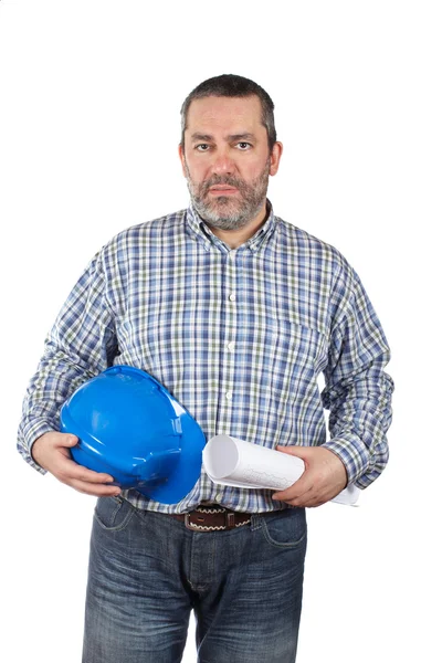 Stavební dělník držící plány — Stock fotografie