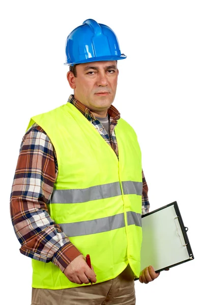 Travailleur de la construction avec gilet de sécurité vert — Photo