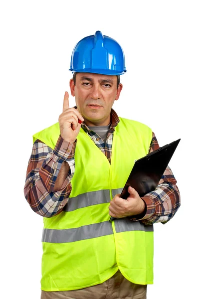 Trabalhador da construção com o dedo para cima — Fotografia de Stock