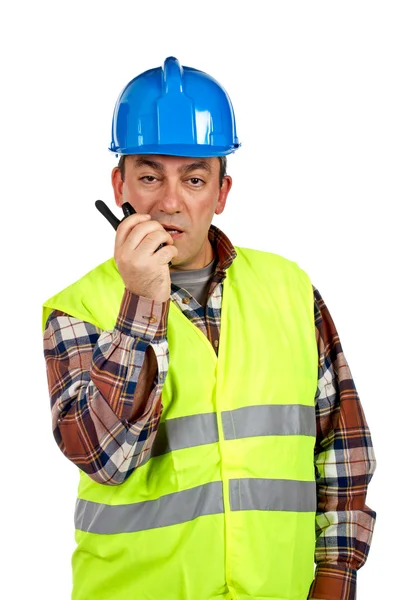Építőmunkás beszélgetett egy walkie-talkie — Stock Fotó