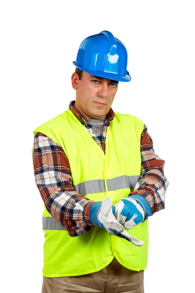 带着手套的建筑工人建設労働者に対し、手袋、注文を停止するには — 图库照片