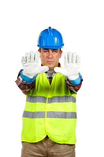 带着手套的建筑工人建設労働者に対し、手袋、注文を停止するには — ストック写真