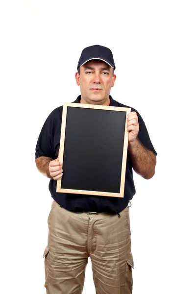 Kurýr drží prázdnou tabuli — Stock fotografie