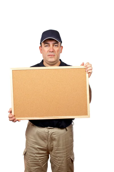 Courier holding the empty corkboard — Stock Photo, Image