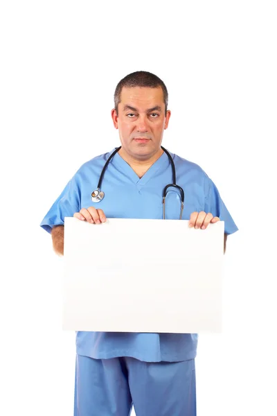 Mężczyzna lekarz trzymając pusty afisz — Zdjęcie stockowe
