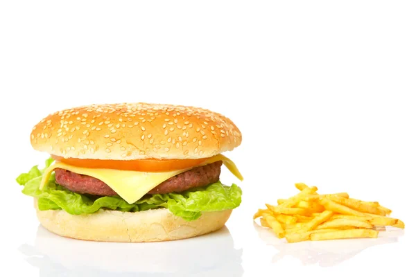 Cheeseburger a hranolky — Stock fotografie
