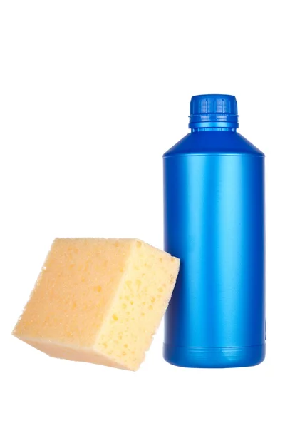 Detergent bottle and sponge — Stock Photo, Image