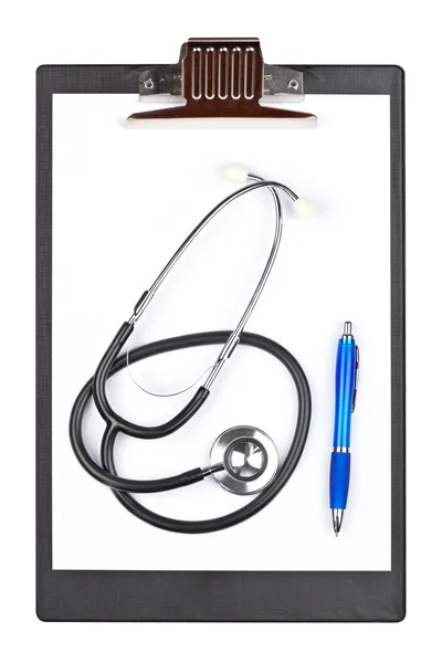 Medical clipboard with stethoscope and pen — Stock Photo, Image