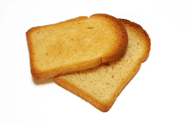 Beyaz arka planda izole edilmiş iki dilim kızarmış ekmek. — Stok fotoğraf