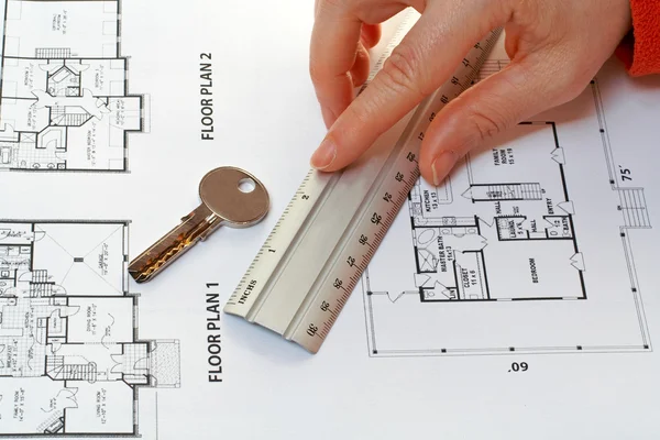 House key, measure and architectural plan — Stock Photo, Image
