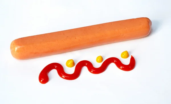 Klobása, kečup a hořčice — Stock fotografie