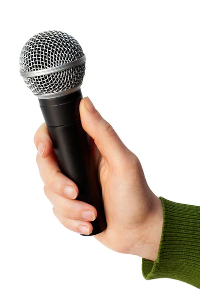 Holding a microphone — Stock Photo, Image