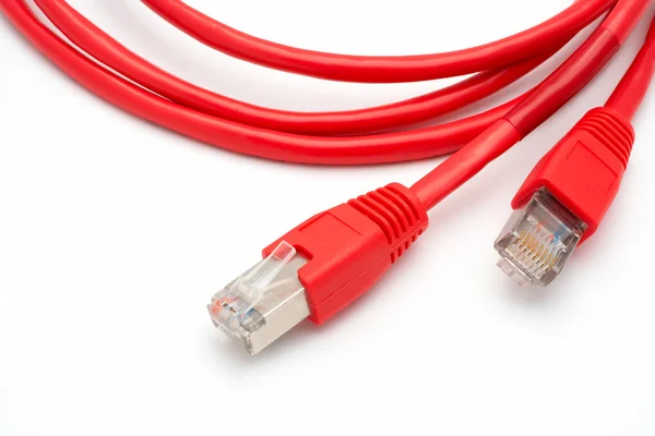 Два изолированных красных сетевых кабеля — стоковое фото