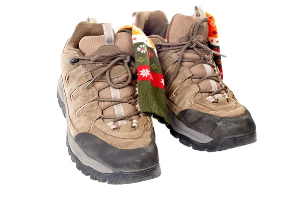Used hiking boots and socks — Stock Photo, Image