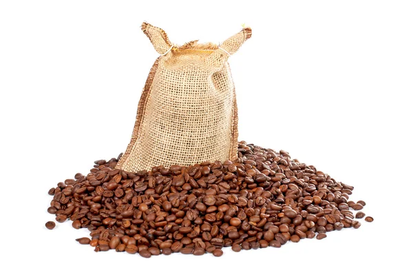 Sacola de serapilheira e grãos de café — Fotografia de Stock