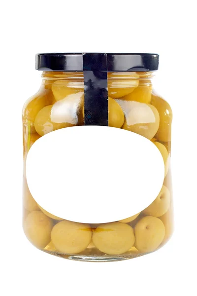 Skleněná sklenice s olivami — Stock fotografie