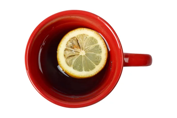 Czerwona filiżanka herbaty z cytryną — Zdjęcie stockowe