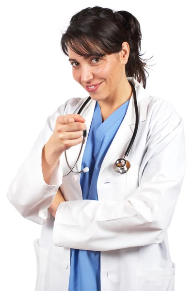 Vrouwelijke arts in laboratoriumjas Stockfoto