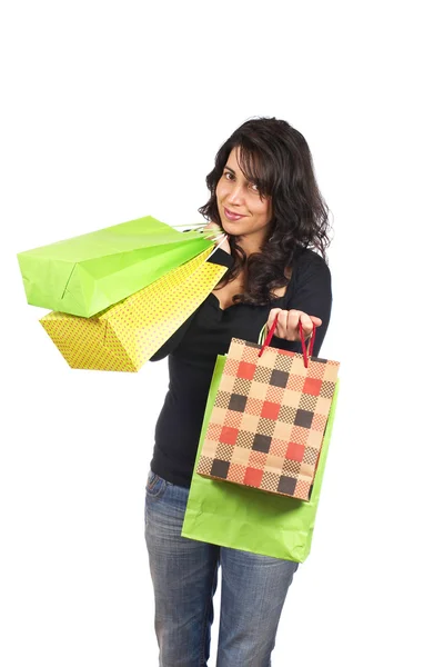 Kvinna som håller i shoppingväskor Royaltyfria Stockfoton