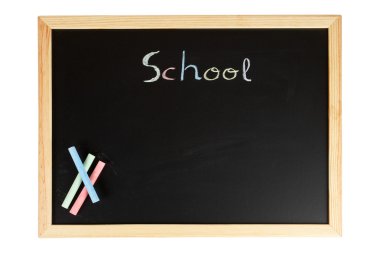 Chalkboard with colored chalks clipart