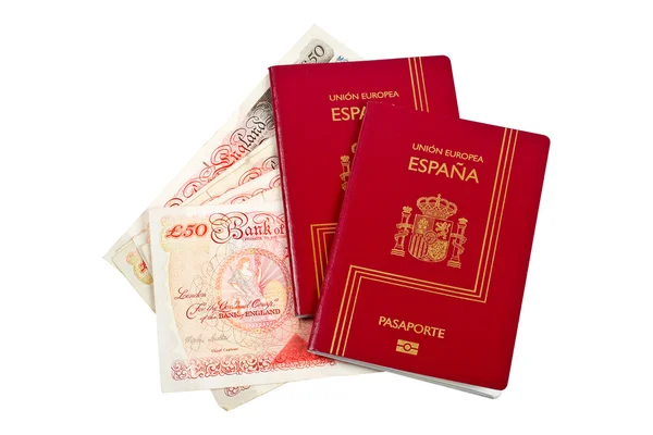 Két Spanyolország útlevelet és pénzt — Stock Fotó