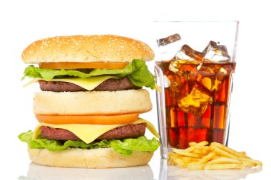 Double cheeseburger, soda and french fries clipart