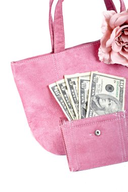 Pink handbag with money on white background clipart