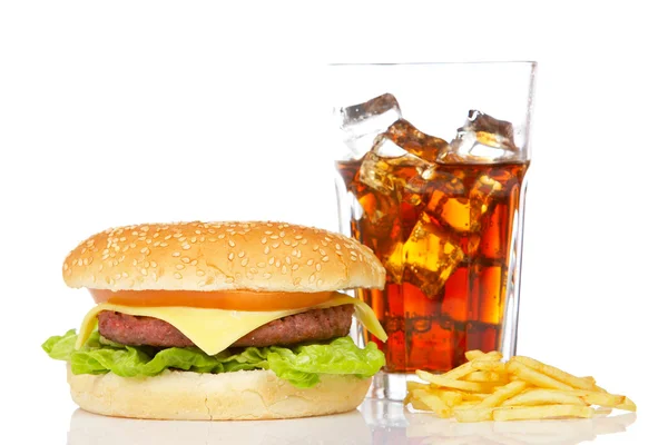 Cheeseburger, soda and french fries — Stock Photo, Image