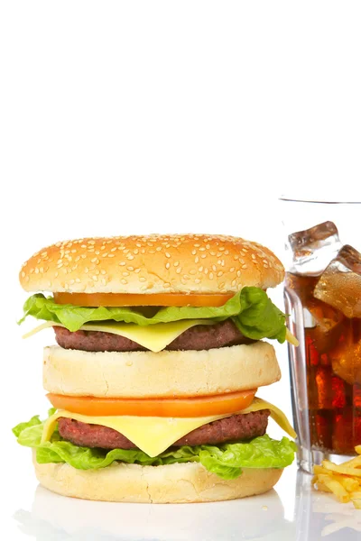 Double cheeseburger and soda glass — Stock Photo, Image