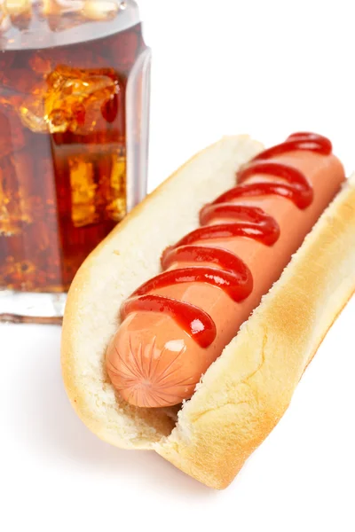 Hot dog and soda glass — Stock Photo, Image