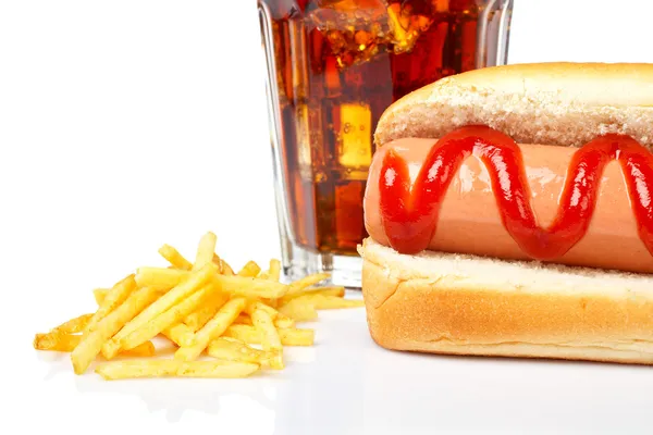 Hot dog, sody a hranolky — Stock fotografie