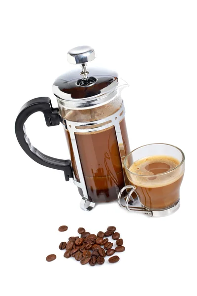 Pohár a kávu hrnce s fazolemi — Stock fotografie