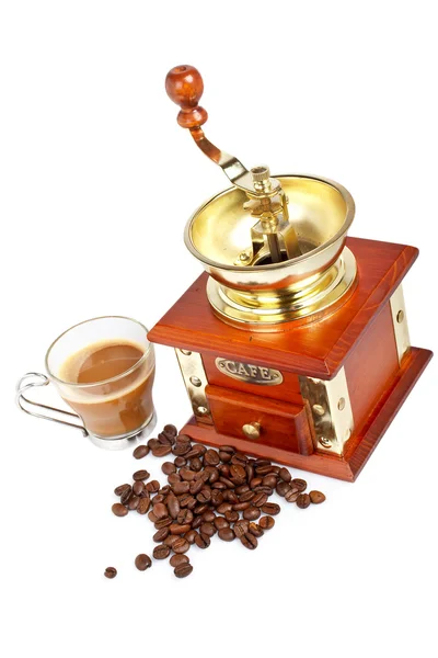 Cup, kvarn, kaffekanna och bönor — Stockfoto
