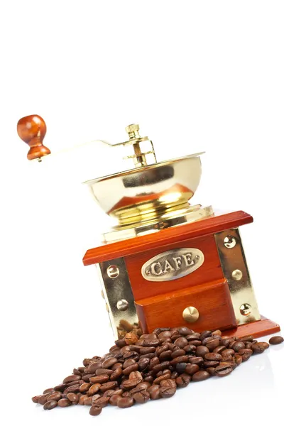 Moedor vintage e grãos de café — Fotografia de Stock