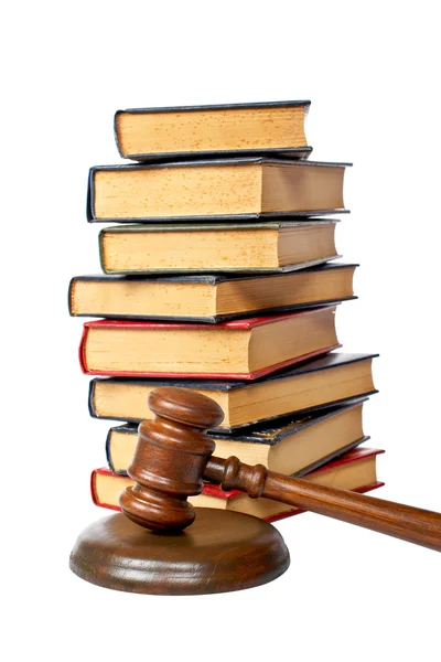 Wooden gavel and old law books — Stock Photo, Image