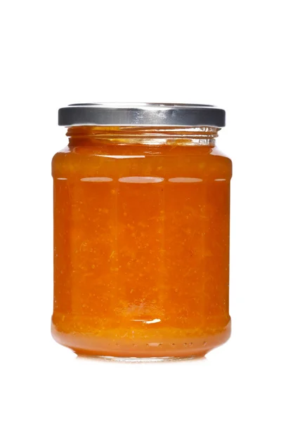 Peach jam glass jar — Stock Photo, Image